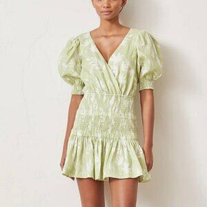 NWT Bec + Bridge Windswept Green Linen Palm Print Shirred Mini Dress US 4‍‍‍‍﻿﻿﻿
